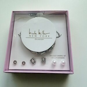 Nicole Miller New York Occasion Bracelet Earring Set Silver Tone Crystal Pearl